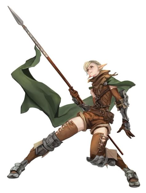 Ranger Spear Warrior Art, Dnd Spear Fighter, Lancer Character Design, Polearm Character Art, Jrpg Concept Art, Polearm Poses, Polearm Pose, Spear Reference, Spear Character