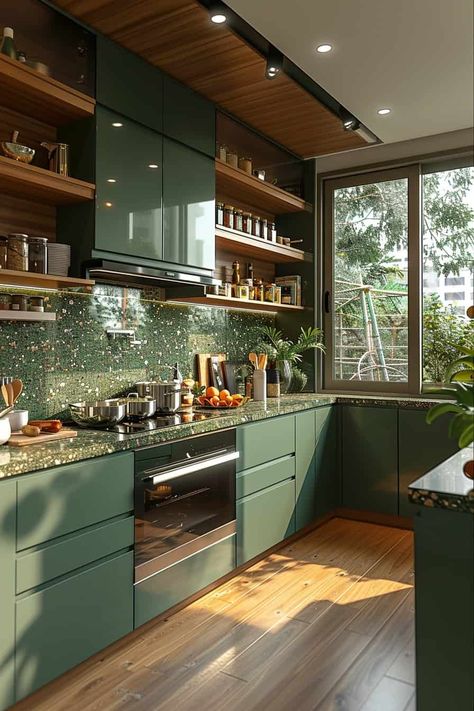 15 Green and Wood Kitchen Design Tips | Green Snooze Green Kitchen Aesthetic Modern, Eco Friendly Kitchen Ideas, Nature Friendly Homes, Kitchen Green Ideas, Earthy Interior Design Kitchen, Jade Countertops Kitchen, Eco Kitchen Design, Green Wood Aesthetic, Cozy Green Kitchen