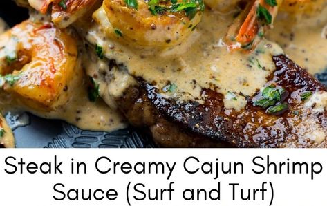 I always enjoy steak for Valentine’s Day and things only get better when you add some seafood (surf and turf) like in this steak in creamy ... Surf And Turf Recipes Scallops, Creamy Cajun Shrimp Sauce, Cajun Shrimp Sauce, Creamy Cajun Shrimp, Steak Sandwiches, Shrimp Sauce, Steak And Shrimp, Seared Steak, Surf And Turf