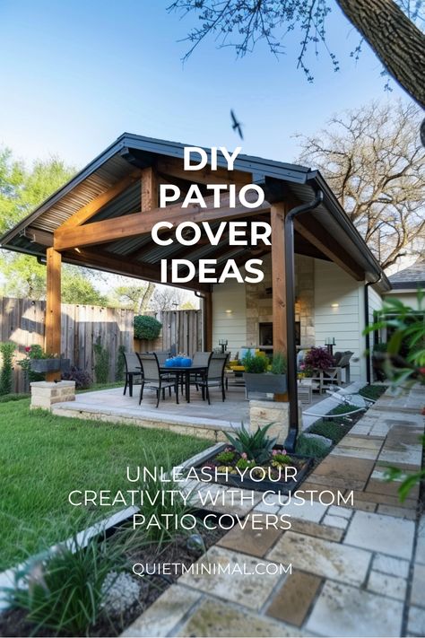 Explore DIY patio cover projects that are easy to follow and rewarding to complete. #EasyDIY #PatioProjects Diy Covered Outdoor Sitting Area, Detached Patio Cover Ideas, Affordable Patio Cover Ideas, Diy Small Patio Cover, Affordable Covered Patio Ideas, Concrete Patio With Roof, Diy Deck Covers Ideas Patio Shade, Covered Concrete Patio Ideas, Freestanding Outdoor Covered Patio Ideas