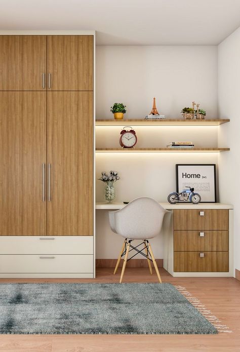 Wooden Wardrobe With Study Unit Wardrobe Design Bedroom Modern, Bedroom Wardrobe Ideas, Home Study Rooms, Wooden Wardrobe Design, Bedroom Wardrobe Design, Study Table Designs, Study Room Design, Wardrobe Interior, Kabinet Dapur