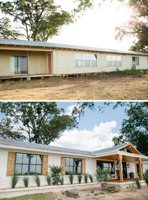 Joanna Gaines // Fixer Upper // Season 3 Renovation Facade, Mobile Home Exteriors, Mobile Home Makeovers, Mobile Home Makeover, Mobile Home Renovations, Manufactured Home Remodel, Mobile Home Remodel, Ranch Remodel, Home Exterior Makeover