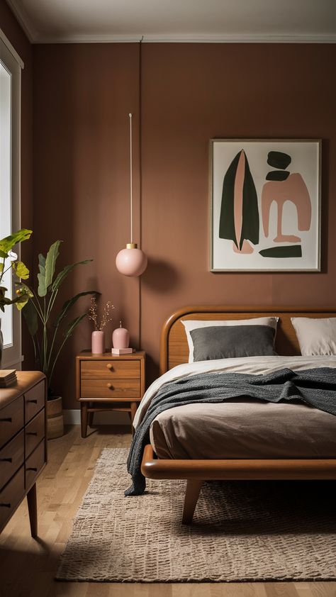 Brown Bedroom 22 Ideas: Bringing Warmth and Style to Your Space Walnut Bed Frame Room Ideas, Mid Century Modern Dark Bedroom, Dark Brown Green Aesthetic, Teak Bedroom Ideas, Mid Century Modern Bedroom Pink, Teak Bedroom Furniture, Funky Modern Bedroom, Mid Century Green Bedroom, Mid Century Modern Interior Design Color Palettes