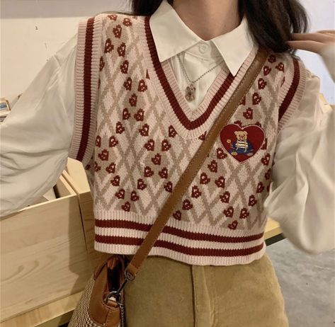 #ad Whoosh - Long Sleeve Button Up Shirt / Bear Embroidered Heart Print Cropped Sweater Vest Use code HOPIACAKES22 at checkout for a discount on your next yesstyle purchase! ulzzang girls korean boys couples girls body goals korea girl make up kpop outfits kpop aesthetic kpop concert outfit kpop inspo blackpink aespa kep1er stayc le sserafim twice itzy ive clothes outfits korean clothing japanese asian fashion girl street cute casual plus size trending y2k spring summer winter fall bts concert o Vest Outfits Aesthetic, White Tops Outfit, Cropped Sweater Vest, Sweater Vest Outfit, Sweat Vest, Kpop Concert Outfit, Outfits Retro, Outfit Korean, Bear Outfits