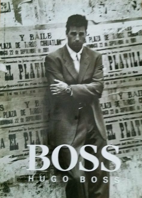 Hugo Boss (1991).  I love the composition of this ad, i.e., the suit plays so well against the posters on the wall behind it and the white Boss logo really stands out. #mensfashion Overcoat Men, Women In Suits, 90s Men, Boss Logo, Fashion Ads, Clothes Vintage, Cool Suits, Vintage Ads, Magazine Covers