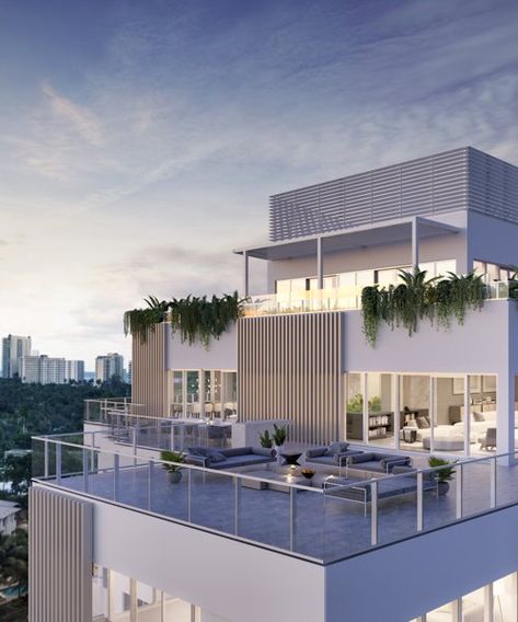 Penthouse Exterior Design, Modern Penthouse Luxury, Penthouse Apartment Aesthetic, Penthouse Architecture, Penthouse Exterior, Miami Beach Penthouse, Penthouse Apartment Exterior, Modern Penthouse Apartment, Penthouse Aesthetic