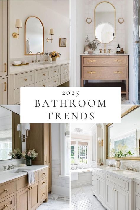 A look at bathroom trends and design ideas for 2024 to 2025, with elegant bathroom inspiration, master bathroom ideas, powder rooms, small full bath ideas, vanity cabinets, color trends, bathroom decor, lighting, shower tile, mixed metals, and much more! Master Double Vanity Ideas, Master Bath Vanity Lighting Double Sinks, Bathroom Remodel With Double Sink Vanity, Large Bathroom Renovation Ideas, Long Countertop Bathroom, Modern Bathroom Design Double Sink, Decorating A Double Sink Vanity, Bathroom With Double Sink Vanity, Primary Bathroom Double Vanity