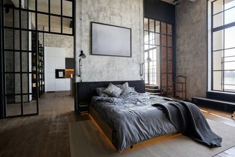 Men's Home Interior Design - Men's Bachelor Pads - Next Luxury Luxury Studio Apartments, Industrial Style Bedroom, Design Ložnic, Bedroom Inspirations Minimalist, Bedroom Stuff, Loft Stil, Industrial Bedroom, Clean Bedroom, Bohemian Bedroom Decor