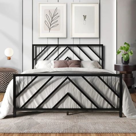 CraftPorch Classic Geometric Slat Metal Platform Bed - On Sale - Bed Bath & Beyond - 37837434 Steel Headboard Ideas, King Bed Frame Metal, Bed Metal Design, Metal Frame Beds, Metalic Bed Design Modern, Modern Metal Bed Frame Design, Modern Metal Bed Frame, Metallic Bed Designs, Bar Bed Frame