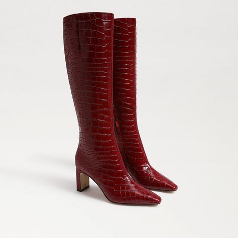 Sam Edelman 2.8 heel Red Patent Leather Boots Outfit, Red Tall Boots, Winter Color Theory, Cherry Boots, Wide Calf Knee High Boots, Crocodile Boots, Timeless Boots, Red Leather Boots, Burgundy Outfit