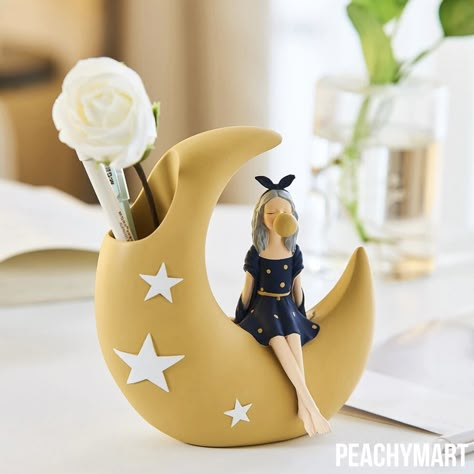 Cute Ribbon Girl on Moon Modern Home Decor & Stationery/ Makeup Holder Cute Ribbon, Makeup Holder, Clay Diy Projects, Blowing Bubbles, Kawaii Gifts, Cute Bedroom Decor, Clay Art Projects, Cute Home Decor, Diy Creative Crafts