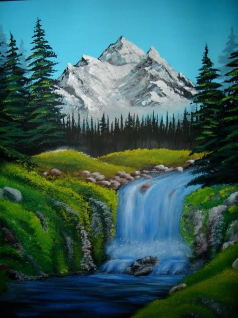 Mountains. Waterfall. Trees Bob Ross Art, Bob Ross Paintings, Waterfall Paintings, Christmas Paintings On Canvas, The Joy Of Painting, Simple Wall Art, Scenery Paintings, Simple Canvas Paintings, Bob Ross