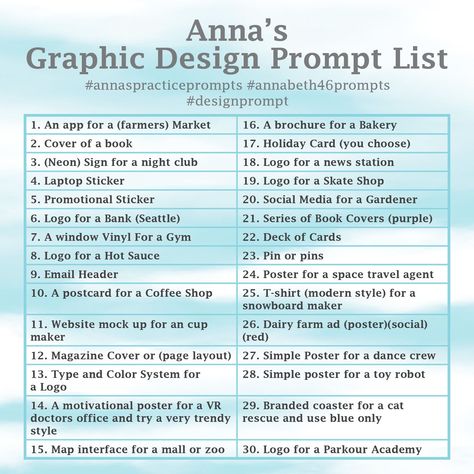 Graphic Designing Prompts, Graphic Design Brief Ideas, Adobe Illustrator Prompts, Graphic Design Challenge Ideas, Graphic Design Practice Ideas, Graphic Design Portfolio Prompts, Graphic Design Challenges, Graphic Design Prompts 30 Day, Graphic Design Beginner Projects