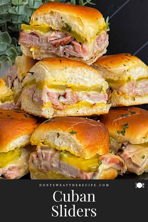 Grilled Pork Tenderloin Cuban Sliders: Citrus-marinated pork, ham, Swiss cheese, mustard, and pickles on slider rolls—perfect for a quick, flavorful meal! Pork Sliders Recipes, Tenderloin Sandwich, Cuban Sliders, Cooking Bucket List, Chip Dip Recipes, Pork Tenderloin Sandwich, Slider Rolls, Grilled Pork Tenderloin, Pork Sliders