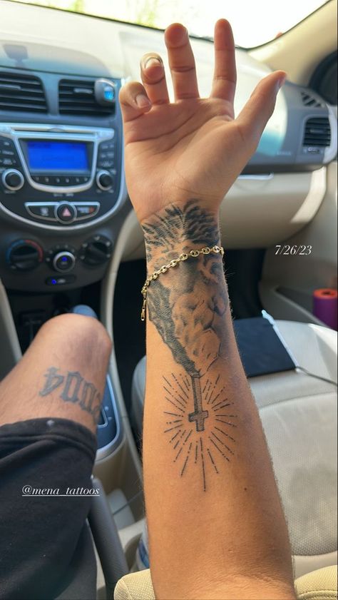 1986 Roman Numeral Tattoo, Men’s Small Tattoos Wrist, Male Christian Tattoos, Tattoo Ideas For Men God, Christian Tattoos For Men Arm, Black Culture Tattoos Men, Lower Arm Tattoo Men, Forearm Tattoo Stencil, Outside Forearm Tattoo Men