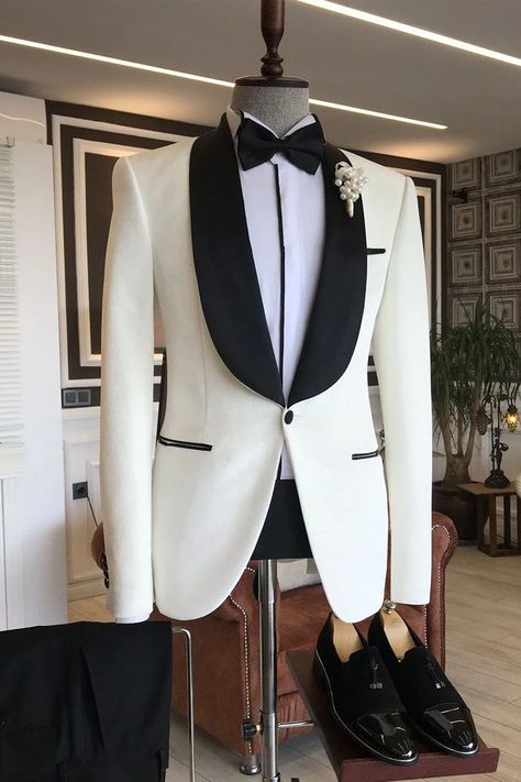 Miabel Simple White Shawl Lapel Wedding Suit For Grooms White Tuxedo Wedding, Suit For Groom, Lapel Wedding, White Wedding Suit, White Tux, Suits Groom, Wedding Tux, Black And White Suit, White Shawl