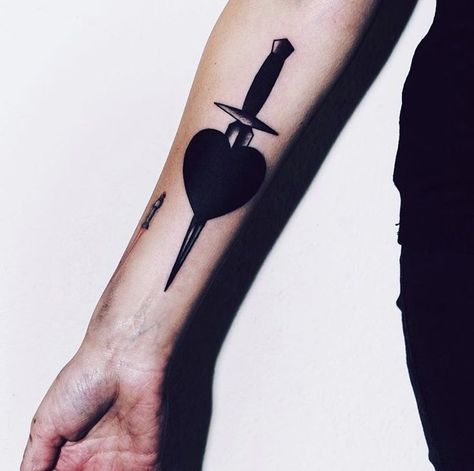 Knife Through Heart, Heart Tattoos For Men, Bullet Tattoo, Black Heart Tattoos, All Black Tattoos, Black Tattoo Cover Up, Simple Tattoos For Guys, Heart Tattoos, Tattoo Cover Up