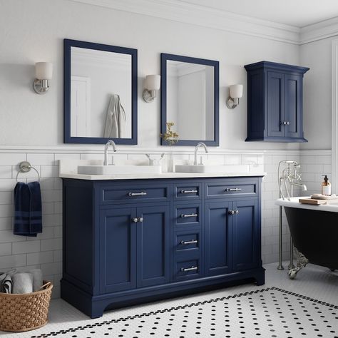 Navy Blue Bathroom Decor, Dark Blue Bathrooms, Linen Storage Cabinet, Navy Blue Bathrooms, Navy Bathroom, Blue Bathroom Vanity, Teal Bathroom, Blue Bathroom Decor, Blue Vanity