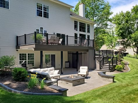 Ashwood TimberTech Deck / Stamped Concrete Patio - Phoenixville, PA | Sq Ft | Keystone Custom Decks Walkout Basement Patio, Patio Options, Backyard Decorating Ideas, Under Deck Storage, Patio Under Decks, Backyard Decor Ideas, Backyard Decorations, High Deck, Backyard Decorating