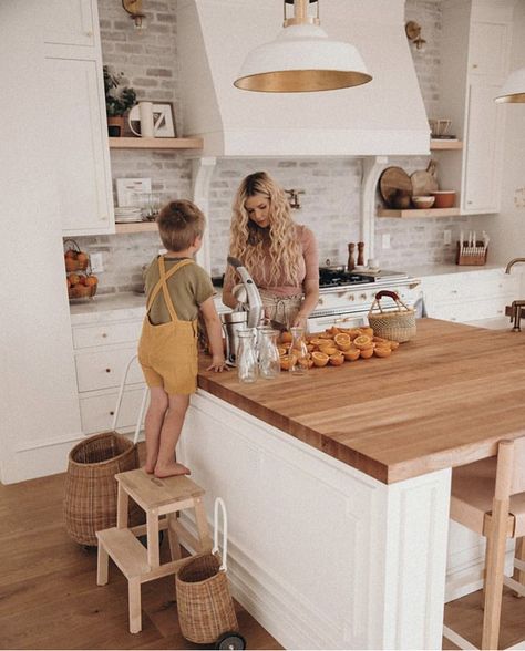 Amber Fillerup Clark, Butcher Block Island, Fresh Kitchen, Brick Backsplash, Amber Fillerup, Fixer Upper Style, Bathroom Design Inspiration, Dining Nook, White Cabinets