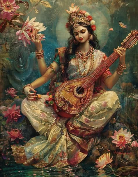 Hindu Goddess Painting, Indian Gods And Goddesses, Devi Saraswati Aesthetic, Aesthetic Saraswati Goddess, Saraswati Goddess Aesthetic, Serious Woman Face, South Indian Paintings Traditional, Hindu Goddess Wallpaper, Religious Aesthetic Hindu