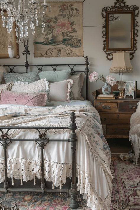 Boho Bed Aesthetic, Bedroom Styles Aesthetic, Room Ideas Aesthetic Vintage Boho, Vintage French Bedroom Aesthetic, Maximalist Vintage Bedroom, Room Ideas Vintage Aesthetic, Romantic Feminine Aesthetic, Victorian Style Bedroom Ideas, Vintage Guest Room Ideas