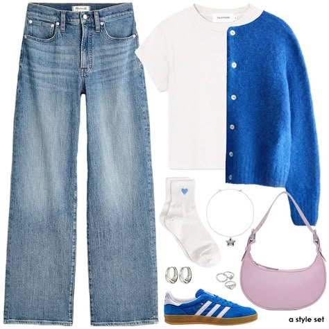 styling a blue cardigan 💙 where would u wear this fit? #outfitinspo #cuteoutfit Autumn Outfits Cardigan, Cardigan Blue Outfit, Royal Blue Cardigan Outfit, Blue Cardigan Outfit Aesthetic, Light Blue Cardigan Outfit, Cardigan Jeans Outfit, Blue Jacket Outfits, Casual Fancy Outfits, Cute Blue Outfits