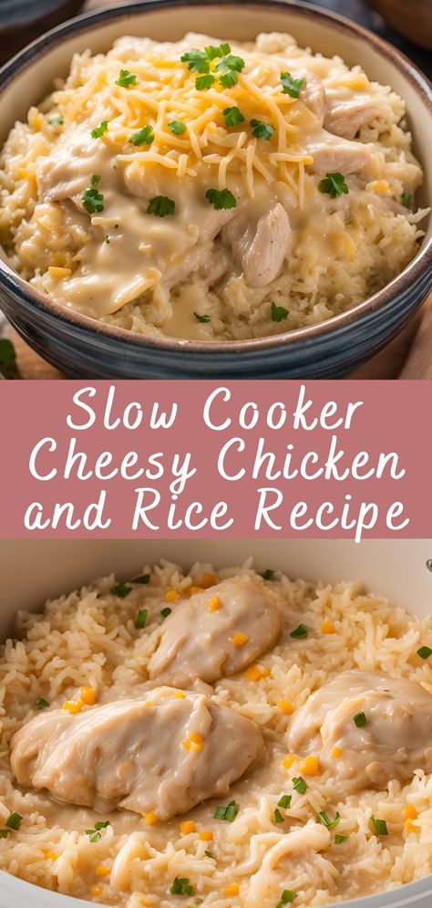 Slow Cooker Cheesy Chicken and Rice Recipe | Cheff Recipes Plain Chicken Recipes Crock Pots, Comfort Meals Crock Pot, Crock Pot Chicken And White Rice, Crockpot Recipes 6-8 Hours, Jasmine Rice Crockpot Recipes, Cheesy Chicken And Rice Crockpot Recipes, Quick Crockpot Recipes Chicken, Slow Cooker Rice Dishes, Crockpot Chicken And Minute Rice Recipes