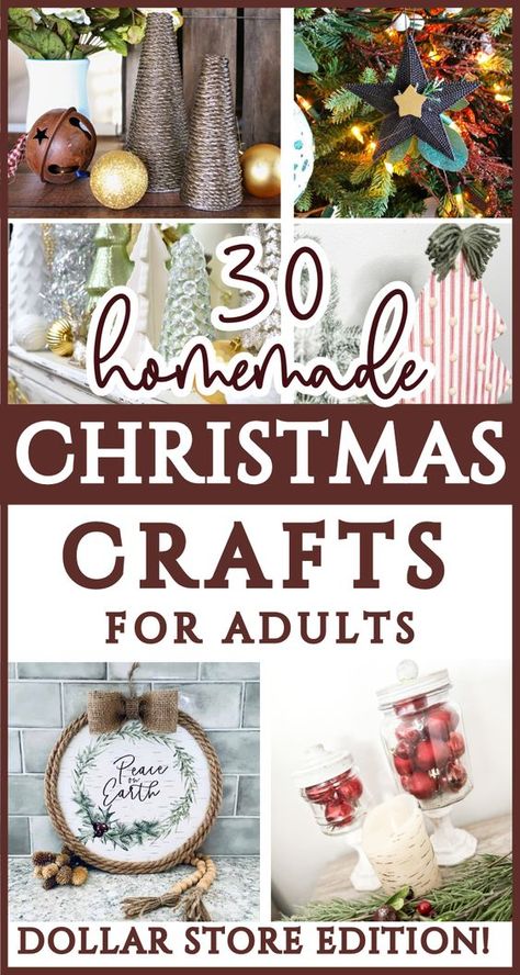 30 easy, cheap Christmas DIY Dollar Tree Craft Ideas! These classy DIY Christmas decor projects are great for any Christmas aesthetic-modern farmhouse, rustic, cottagecore! You can use these elegant Christmas craft DIYs to make for homemade Christmas gifts, to sell at a craft show, or for your home! These easy Dollar Tree Christmas crafts are for adults, teens, and kids can even help  - All made with dollar store supplies! Homemade Christmas crafts for adults to enhance your Christmas decor! Cheap Crafts That Look Expensive, Trendy Christmas Crafts, Diy Art Christmas Gifts, Super Saturday Christmas Crafts, Christmas Make And Take Crafts For Adults, Christmas Decor Ideas Diy How To Make, Dollar Tree Crafts Christmas Gifts, Cheap Dollar Tree Crafts, Easy Make And Take Crafts For Adults