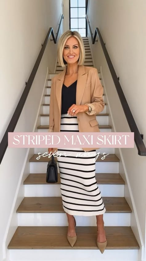 Rib-knit Skirt curated on LTK Midi Knit Skirt Outfit, Fall Pencil Skirt Outfits, Knit Pencil Skirt Outfit, Black Ribbed Skirt Outfit, Knit Skirt Outfit Winter, Skirt With Cardigan Outfits, Striped Pencil Skirt Outfit, Ribbed Skirt Outfit, Straight Skirt Outfits