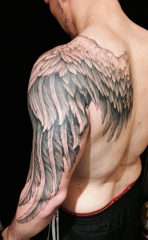 detailed back and arm wing tattoo for men Angel Wing Tattoo, Alas Tattoo, Wing Tattoo Men, Believe Tattoos, Wing Tattoos, Sanskrit Tattoo, Tattoo Dotwork, Cool Arm Tattoos, Angel Wings Tattoo