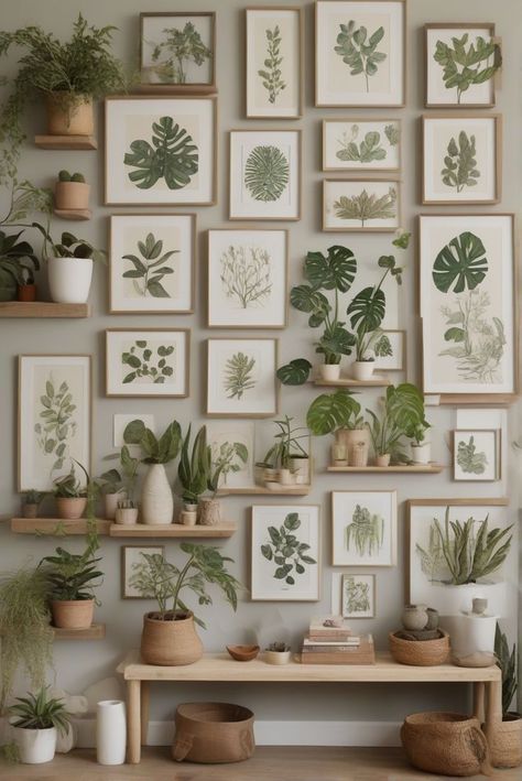 Botanical gallery wall with framed prints and shelves showcasing potted plants. Wall Collage With Plants, Plants On Wall, Living Room Plants Decor, Botanical Gallery Wall, Indoor Plant Wall, Green Interior Design, Plant Wall Art, Living Room Plants, Gallery Wall Living Room