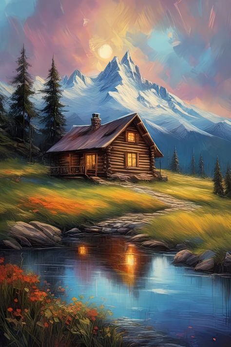 Beautiful Scenery Paintings, Beautiful Paintings Of Nature, Beautiful Landscape Paintings, Wooden Cabin, Cabin In The Mountains, Mountain Landscape Painting, Touch The Sky, Cabin Art, Scenery Paintings