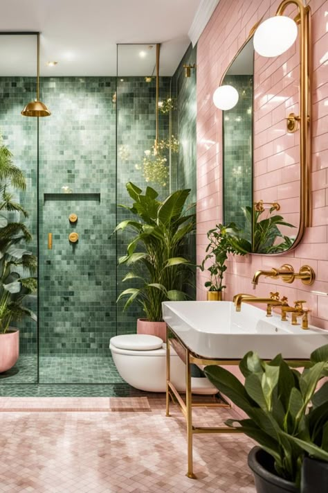 Green pink bathroom Pink Tiled Bathroom, Private Dining Room Restaurant, Wall Tile Design, Fans For Wedding, Small Space Bathroom Design, Bathroom Wall Tile Design, Joanna Gaines Style, Tiled Bathroom, Small Space Bathroom