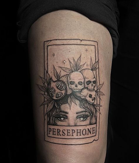 Kaymie | Glasgow Tattoo Artist✨ | In my dark Greek goddess era ✨ loved this Persephone inspired tarot card!! Thank you Hayley🖤 #sevenglasgow #glasgowtattooartist… | Instagram Mythology Tattoos Women, Greek Mythology Tarot Cards Tattoo, Persephone Tarot Card Tattoo, Greek Goddess Back Tattoo, Goddess Tarot Card Tattoo, Persephone Goddess Tattoo, Feminine Greek Tattoo, Medusa Tattoo Tarot Card, Persephone Tattoo Minimalist