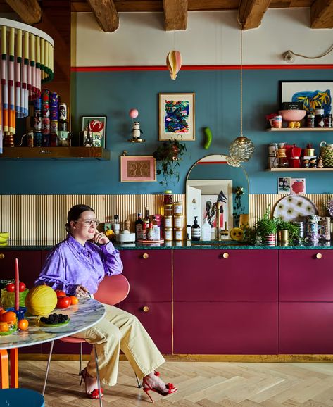 Finnish Home, Clashing Colours, Coloured Walls, Bertoia Chair, Colourful Home, Vibrant Home, Vintage Floor Lamp, Red Kitchen, White Furniture