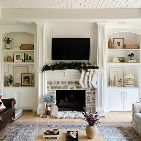 White Fireplace Built In Shelves, Fireplace With Rounded Built Ins, Shelfs On Side Of Fireplace, Fireplace Built Ins Decor, Recessed Built Ins Around Fireplace, Rock Fireplace With Built Ins On Both Sides, Built In Shelves By Fireplace, Fireplace Mantle With Built Ins, Stone Fireplace And Built Ins