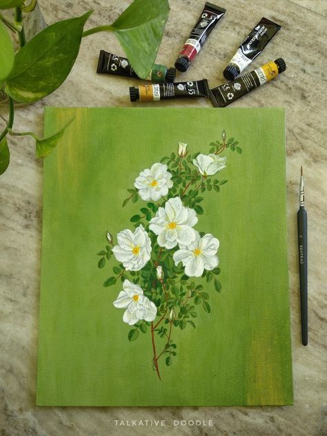 Painting Flower Acrylic, Green Themed Painting Ideas, Flowers Canvas Painting Easy, Canvas Painting Green Aesthetic, Acrylic Flower Painting Ideas On Canvas, Cute Paintings Green, Painting Inspo Flowers, Painting Ideas Green Background, All Green Painting