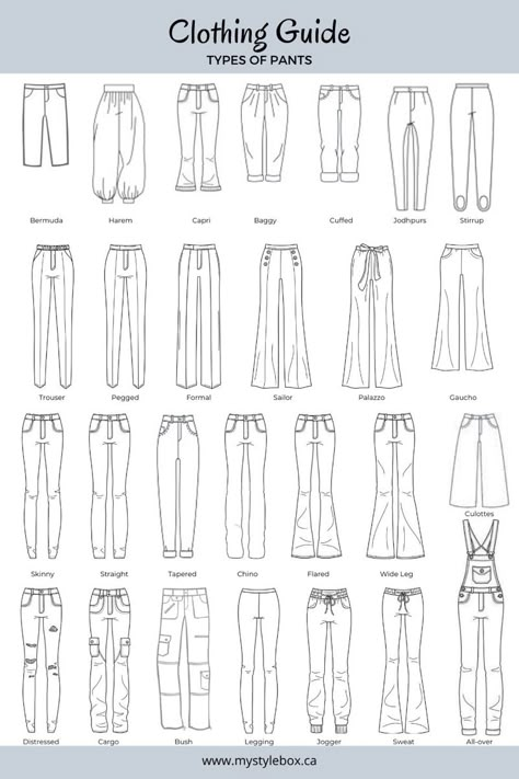 Types Of Pants Drawing, Types Of Pants Illustration, Clothing Drawings Outfits, Drawing Of Clothes Outfits, Clothing Sketches Pants, Clothing Guide Types Of Dresses, Pants Ideas Drawing, Sketching Clothes For Beginners, Pants Sketch Fashion Illustrations