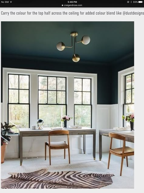 Dark ceiling and upper wall Two Tone Walls, Dark Dining Room, Painted Ceilings, Dark Ceiling, White Wainscoting, Colored Ceiling, Up House, Painted Ceiling, Dining Room Inspiration