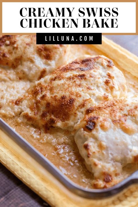 Delicious Creamy Swiss Chicken Bake - a simple and delicious dinner recipe that includes Swiss and Parmesan cheeses and baked to perfection. #creamyswisschickenbake #chickenbake #swisschicken #creamychickenbake #chicken Creamy Swiss Chicken, Swiss Cheese Chicken, Creamy Baked Chicken, Swiss Cheese Recipes, Swiss Chicken Bake, Tender Recipes, Creamy Chicken Bake, Chicken And Cheese Recipes, Recipes Sandwiches