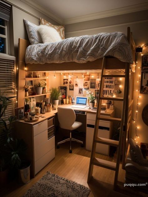 Dorm Room Basic, Dorm Bed Lofting Ideas, Roommate Dorm Ideas, Desk Under Bunk Bed Dorm Room, Dorm Room Inspo Lofted Bed, Loft Dorm Bed Ideas, Dorm Lofted Bed Ideas, Lofted Beds Dorm, Lofted Bed Dorm Room Ideas Aesthetic