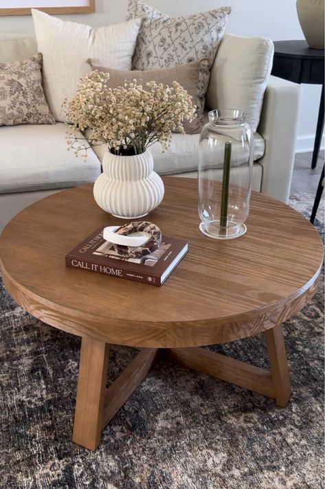 Living Room Decor Round Coffee Table, Round Coffee Table Small Living Room, Coffee Table Round Decor, Round Boho Coffee Table, Wooden Round Coffee Table Living Room, Round Or Square Coffee Table, Coffee Table Ideas Living Room Modern, Nancy Meyers Coffee Table, Living Room With Round Coffee Table