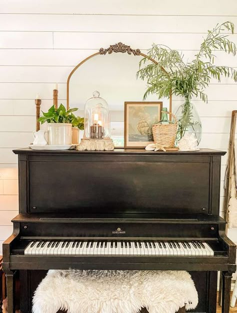 Upright Piano Decor, Piano Styling, Piano Room Decor, Piano Living Rooms, Piano Wall, Painted Pianos, Piano Decor, Piano Ideas, Cottage Inspiration