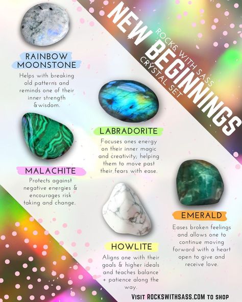 6,992 Likes, 37 Comments - Online Crystal & Jewelry Shop (@rockswithsass) on Instagram: “Happy New Year! Here are some crystals I'll be working with as we kick off 2021. Which one…” Gemstones Chart, Crystal Healing Chart, Crystal Guide, Stone Pictures, Crystal Healing Stones, Crystal Magic, Rainbow Crystal, Crystal Meanings, Crystal Set