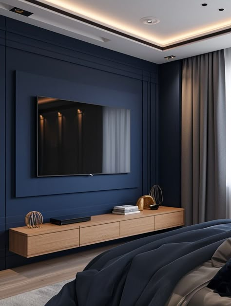 Dark Blue Tv Wall, Tv Unit Decor Bedroom, Bedroom With Tv On Wall, Blue Wood Bedroom, Blue Tv Wall, Blue Room Ideas Aesthetic, Tv Wall Paint, Tv On Wall Ideas Bedroom, Blue Tv Unit