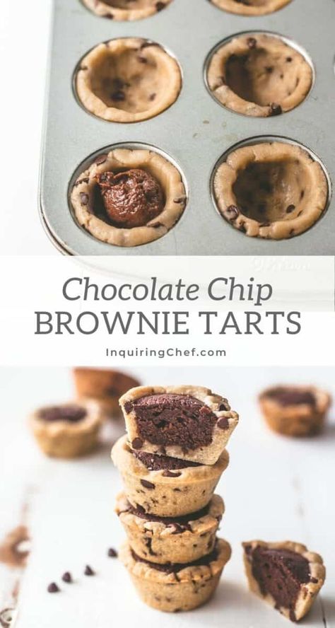 Cookie Cups Recipe, Chocolate Chip Brownies, Chewy Brownies, Bite Size Desserts, Brownie Bites, Brownie Batter, Cookie Cups, Cookie Crust, Muffin Tin