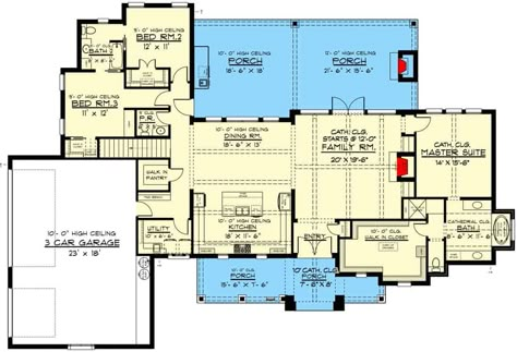 Modern One Story Farmhouse, One Story Farmhouse, Closed Floor Plan, Dresser Island, Bed Layout, Large Front Porch, Living Rich, American House Plans, Split Bedroom