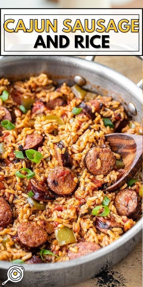 An easy recipe for cajun sausage and rice. This cajun sausage and rice skillet is a filling weeknight dinner, packed with plenty of smoky-spicy flavor! Rice Sausage And Peppers, Summer Sausage Dinner Recipes, Breakfast Smoked Sausage, Creole Sausage And Rice, One Pot Cajun Sausage And Rice, Spicy Sausage And Rice, Easy Cajun Rice, Sausage Rice Beans, Chicken And Sausage Crockpot