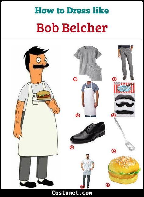 Bob Belcher (Bob’s Burgers) Costume for Cosplay & Halloween 2021 Bob Belcher Costume, Halloween Bobs Burgers, Bob And Linda Costume, Bobs Burgers Cosplay, Bob's Burgers Halloween Costume, Bobs Burgers Costume, Louis Belcher, Bob's Burgers Halloween, Burger Costume